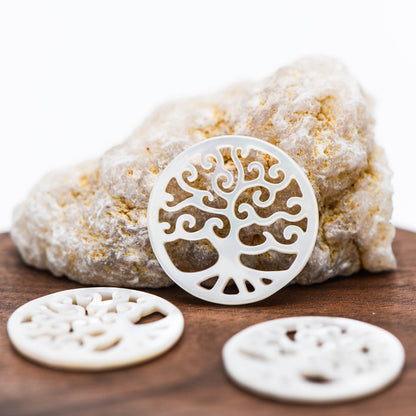 4pcs White Mother of Pearl 'Life Tree' Pendants, 25mm Round Shell Tree Charms, Hollow Cut Out Carvings -(BK-028)