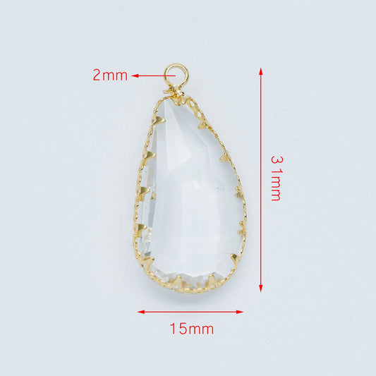 4pcs Gold Framed Clear Dangle Charms, Gold plated Brass Crystal Glass Pendants (GB-550)