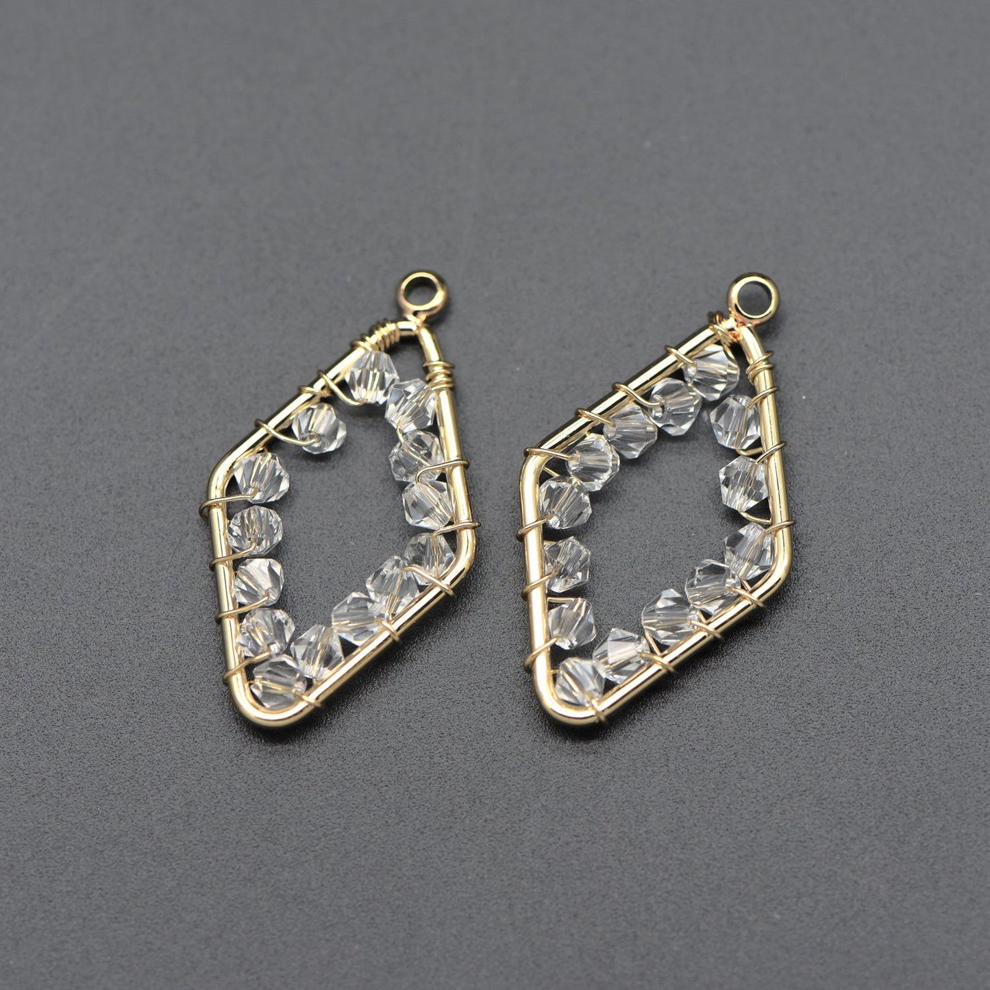 10pcs Gold Rhombus Beaded Charms 32x17mm, Wired Crystal Glass Beads Geometric Pendants, Dangle Earring Components (GB-552)