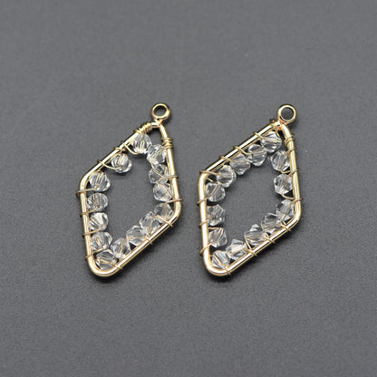 10pcs Gold Rhombus Beaded Charms 32x17mm, Wired Crystal Glass Beads Geometric Pendants, Dangle Earring Components (GB-552)