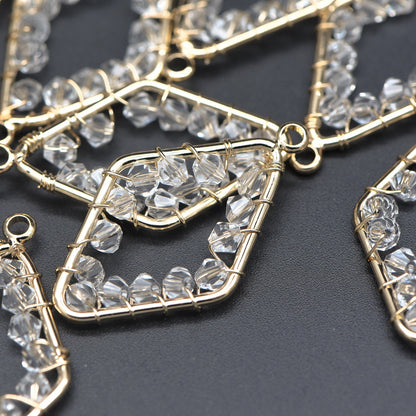 10pcs Gold Rhombus Beaded Charms 32x17mm, Wired Crystal Glass Beads Geometric Pendants, Dangle Earring Components (GB-552)