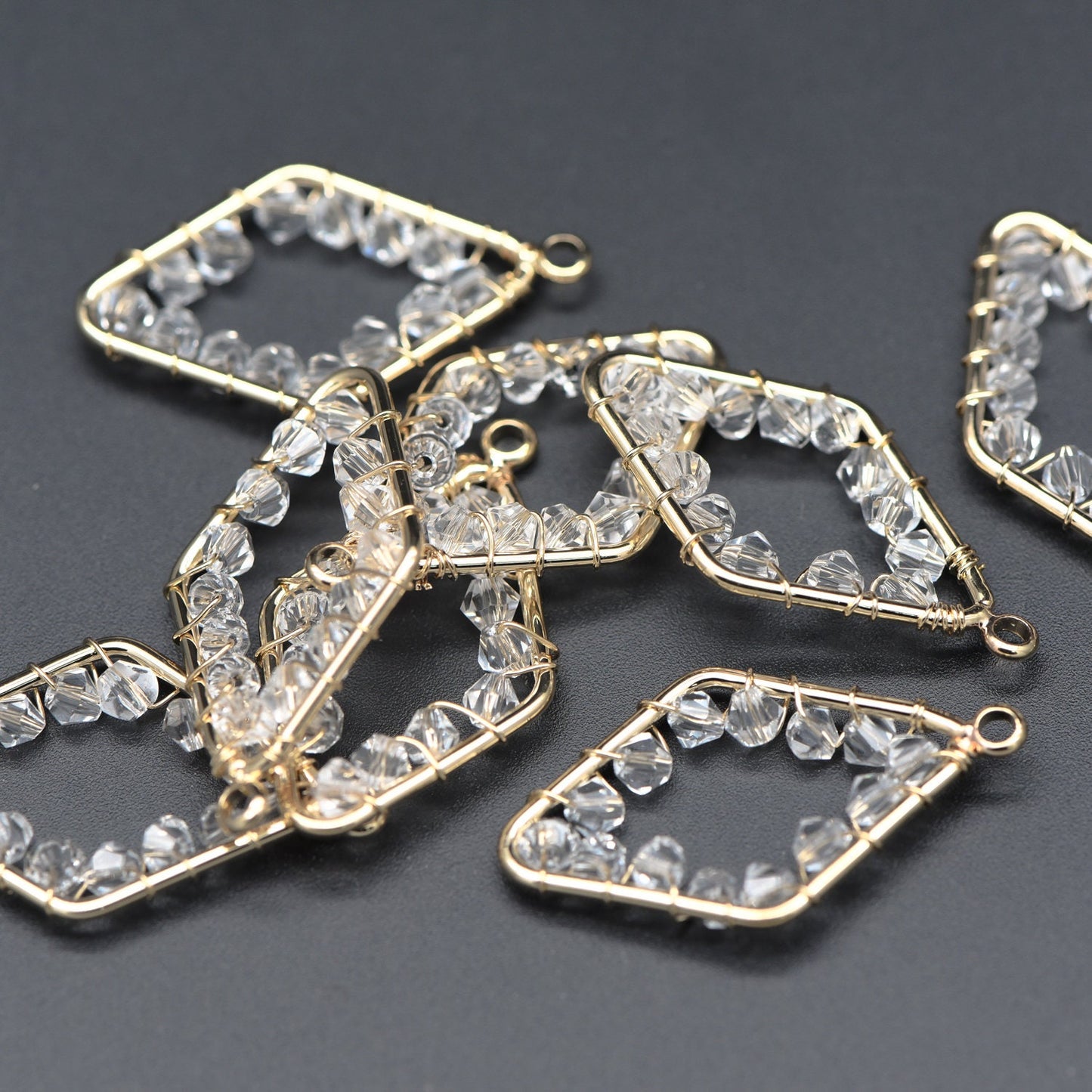 10pcs Gold Rhombus Beaded Charms 32x17mm, Wired Crystal Glass Beads Geometric Pendants, Dangle Earring Components (GB-552)