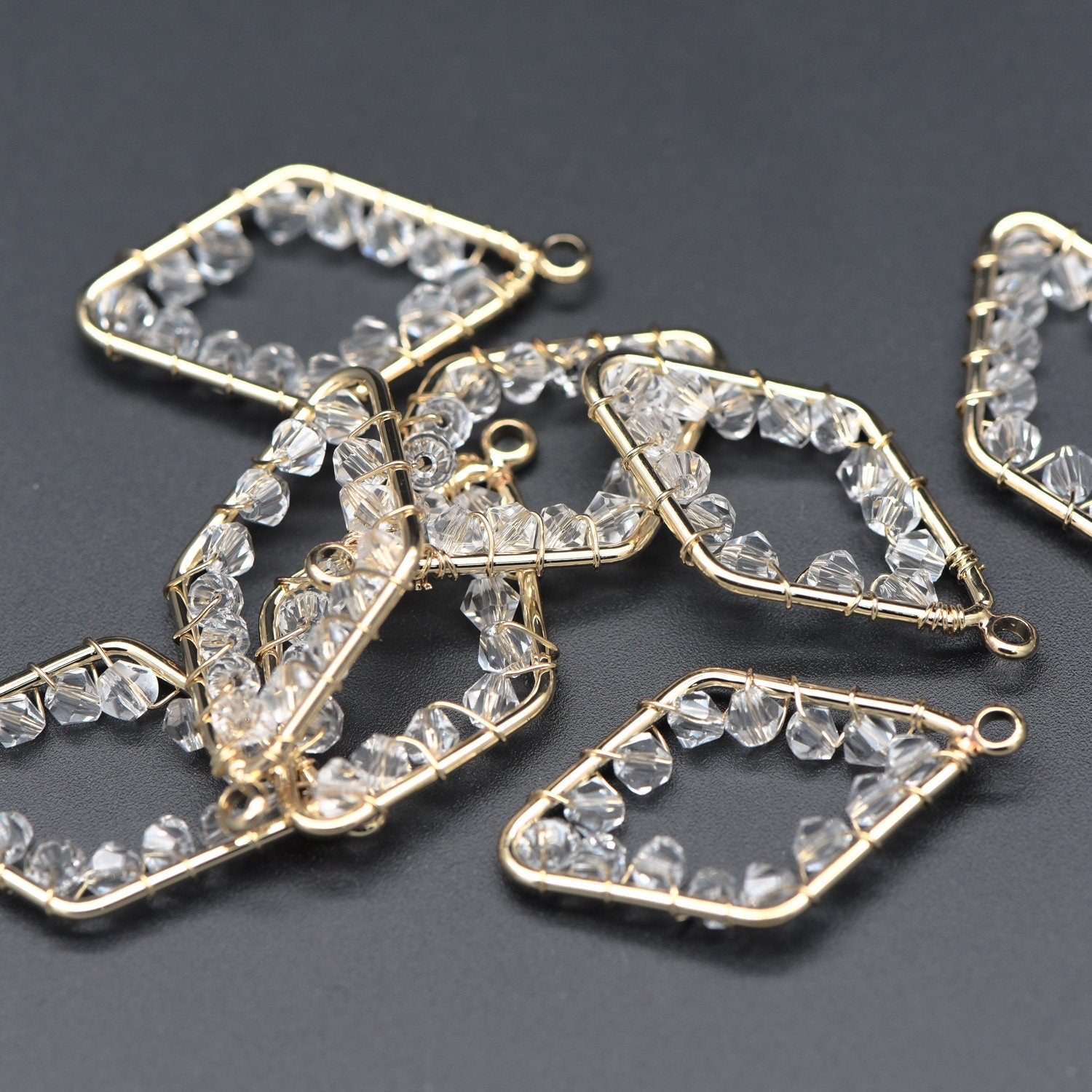 10pcs Gold Rhombus Beaded Charms 32x17mm, Wired Crystal Glass Beads Geometric Pendants, Dangle Earring Components (GB-552)