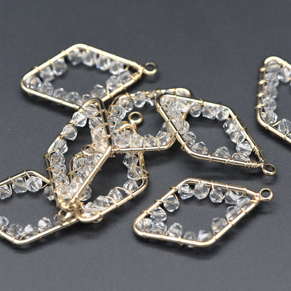 10pcs Gold Rhombus Beaded Charms 32x17mm, Wired Crystal Glass Beads Geometric Pendants, Dangle Earring Components (GB-552)