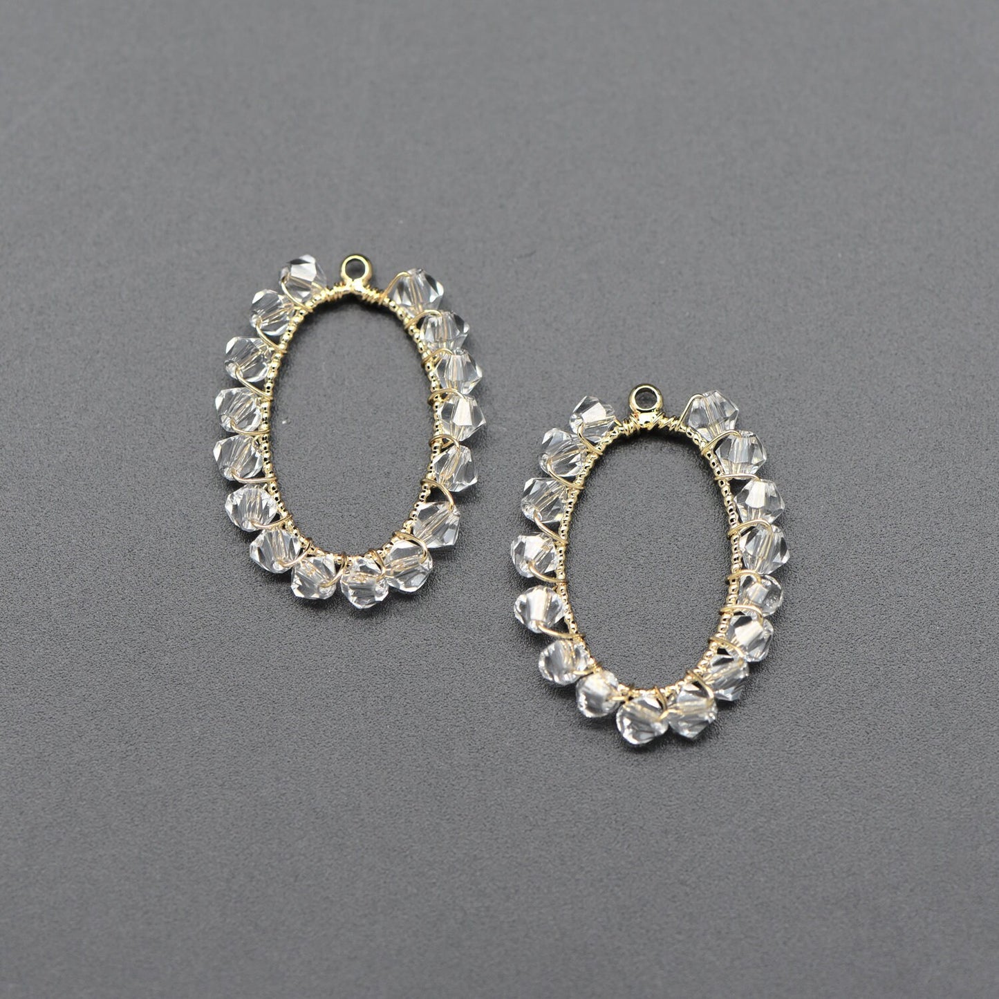 10pcs Gold Oval Beaded Charms 25x19mm, Wired Crystal Glass Beads Geometric Pendants, Dangle Earring Components (GB-552-A)