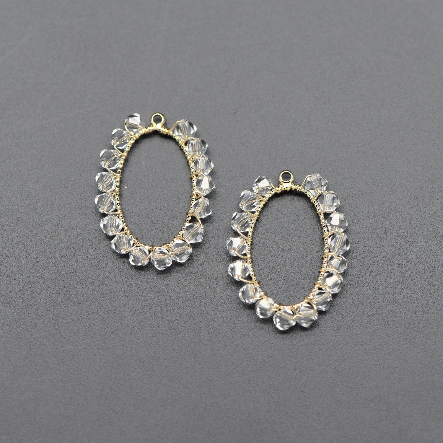 10pcs Gold Oval Beaded Charms 25x19mm, Wired Crystal Glass Beads Geometric Pendants, Dangle Earring Components (GB-552-A)