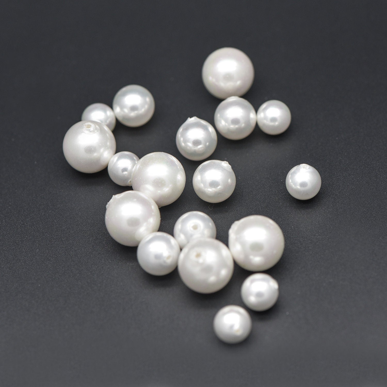 10pcs White Smooth Round Shell beads with Pearl-Colored Coating, Half Hole Drilled, Faux Pearl, 3/ 4/ 5/ 6/ 8/ 10/ 12mm- (BK-022)