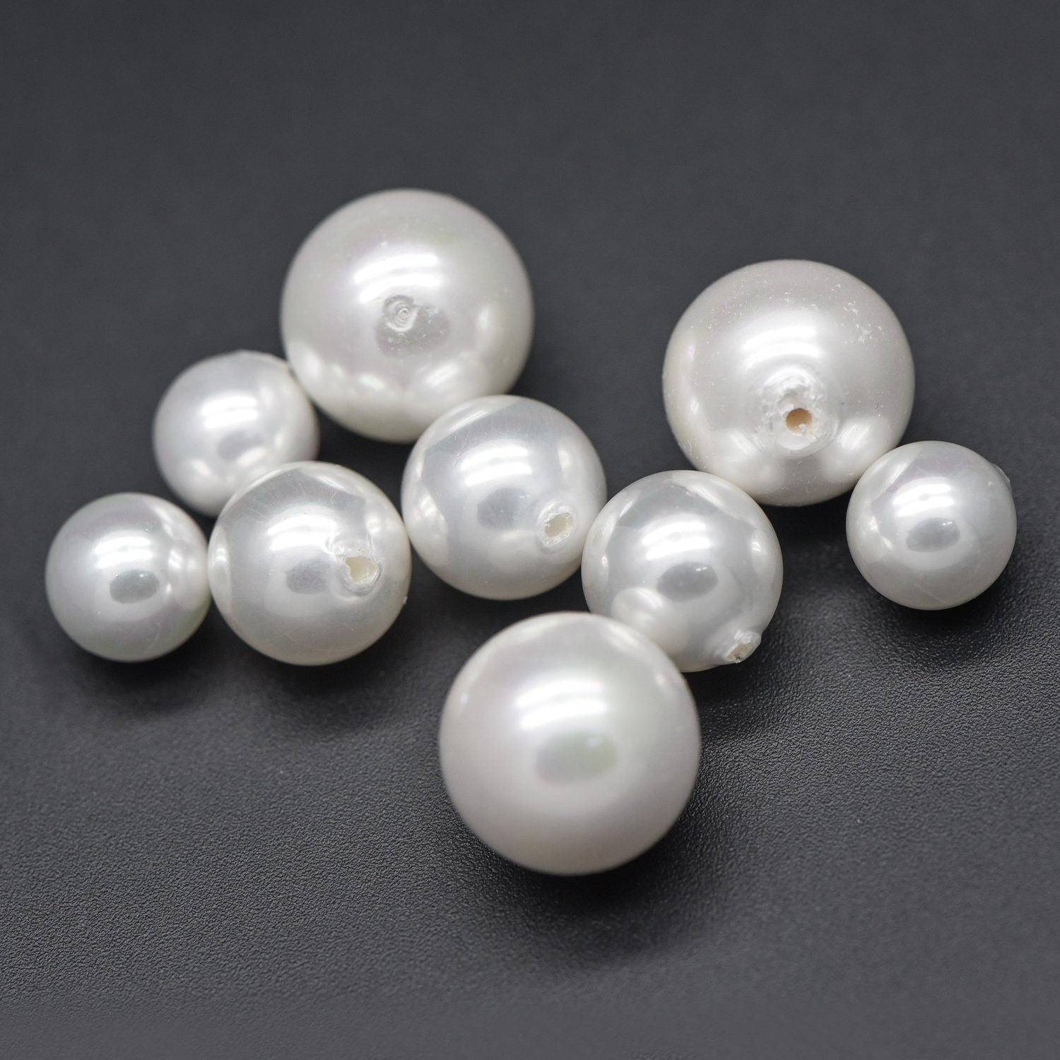10pcs White Smooth Round Shell beads with Pearl-Colored Coating, Half Hole Drilled, Faux Pearl, 3/ 4/ 5/ 6/ 8/ 10/ 12mm- (V1337)