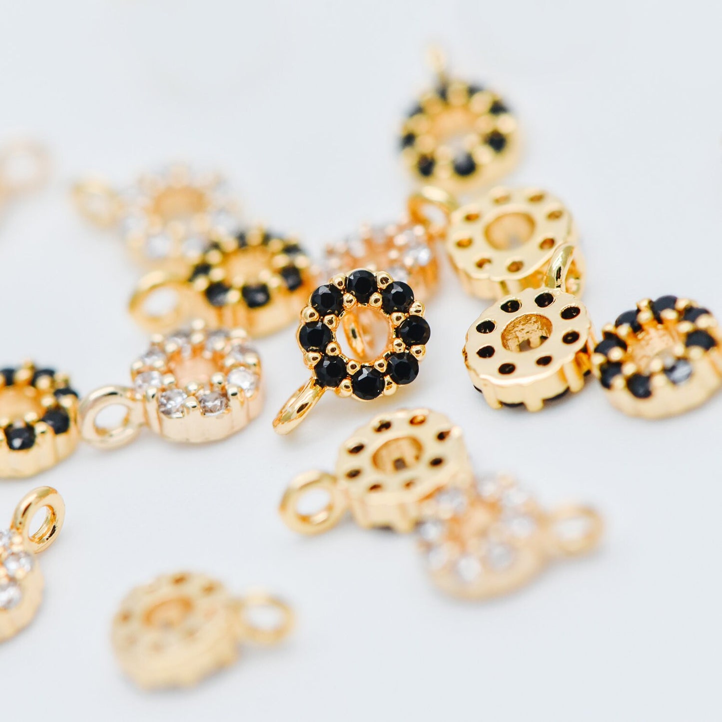 4pcs CZ Pave Gold Circle Charm Pendants 4x6mm, Real Gold plated Brass, Mini Ring Charms, Clear/ Black (GB-376-A)