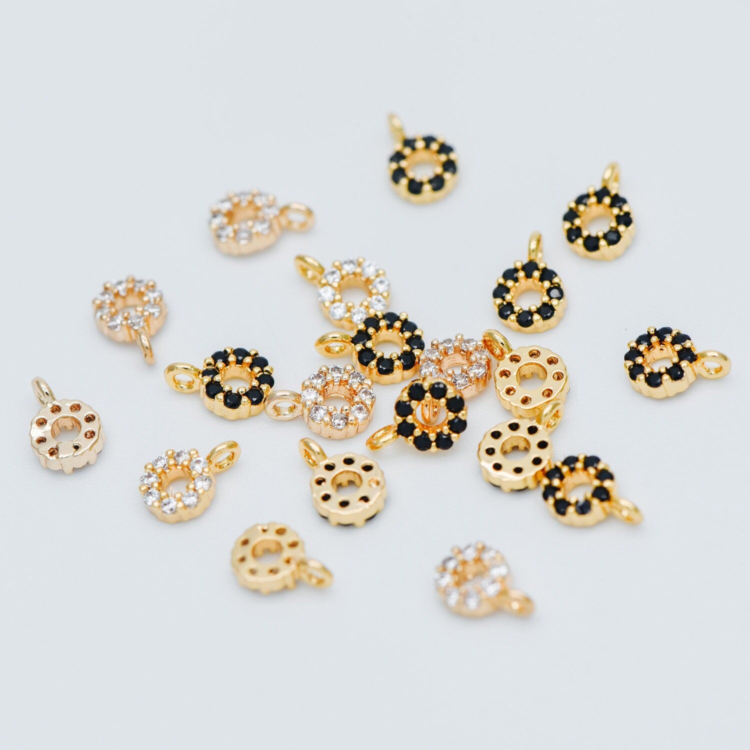 4pcs CZ Pave Gold Circle Charm Pendants 4x6mm, Real Gold plated Brass, Mini Ring Charms, Clear/ Black (GB-376-A)