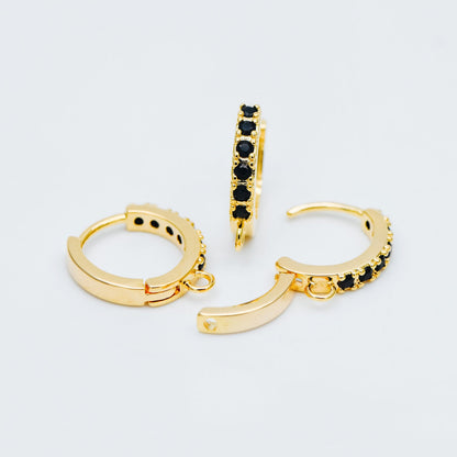 10pcs Black / Hot Pink CZ Pave Round Leverback Ear Hooks 13mm, 18K Gold plated Brass, Earring Component Hooks (GB-569)