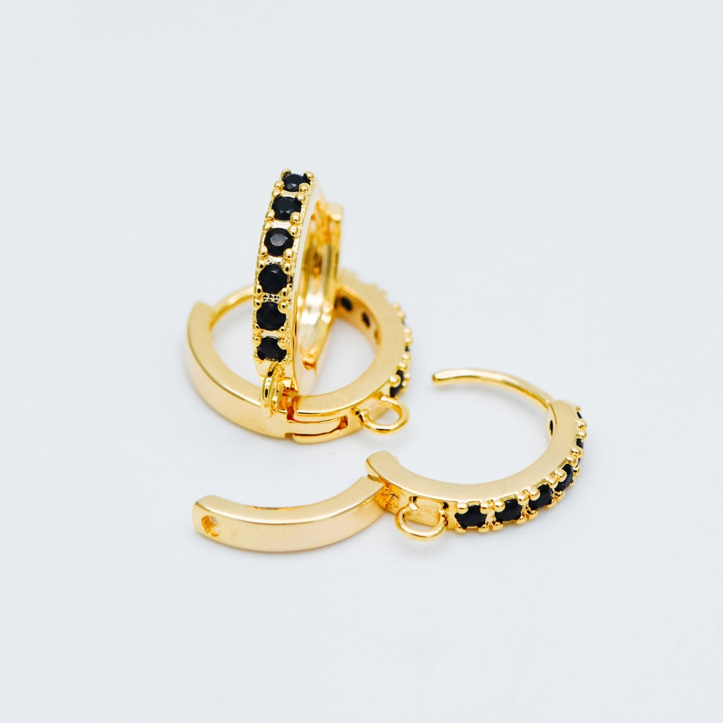 10pcs Black / Hot Pink CZ Pave Round Leverback Ear Hooks 13mm, 18K Gold plated Brass, Earring Component Hooks (GB-569)