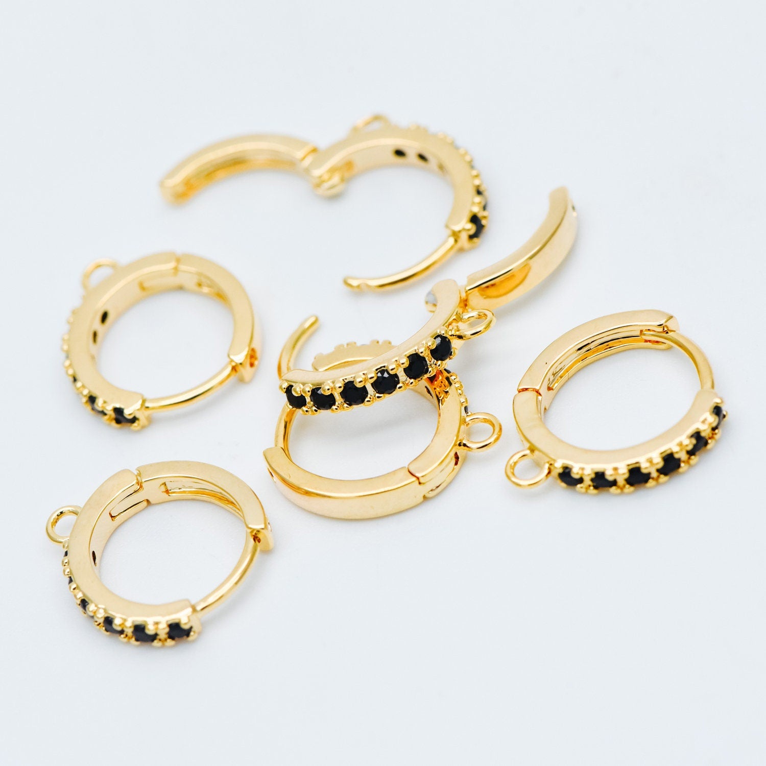 10pcs Black / Hot Pink CZ Pave Round Leverback Ear Hooks 13mm, 18K Gold plated Brass, Earring Component Hooks (GB-569)