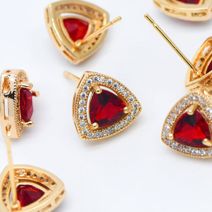 4pcs Red Triangle Stud Earrings, CZ Pave Gold plated Brass Ear Posts 11mm (#GB-571)