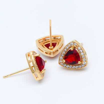 4pcs Red Triangle Stud Earrings, CZ Pave Gold plated Brass Ear Posts 11mm (#GB-571)