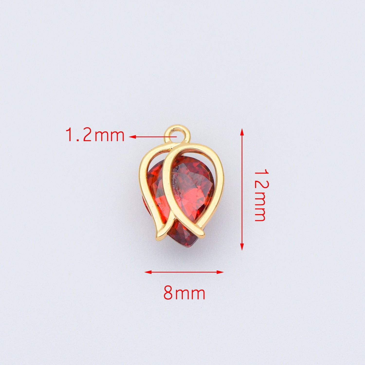 4pcs CZ Paved Gold Flower Charms 12x8mm, Real Gold plated Brass, Red Cubic Zirconia Pendants (GB-3579-A)