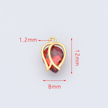 4pcs CZ Paved Gold Flower Charms 12x8mm, Real Gold plated Brass, Red Cubic Zirconia Pendants (GB-3579-A)
