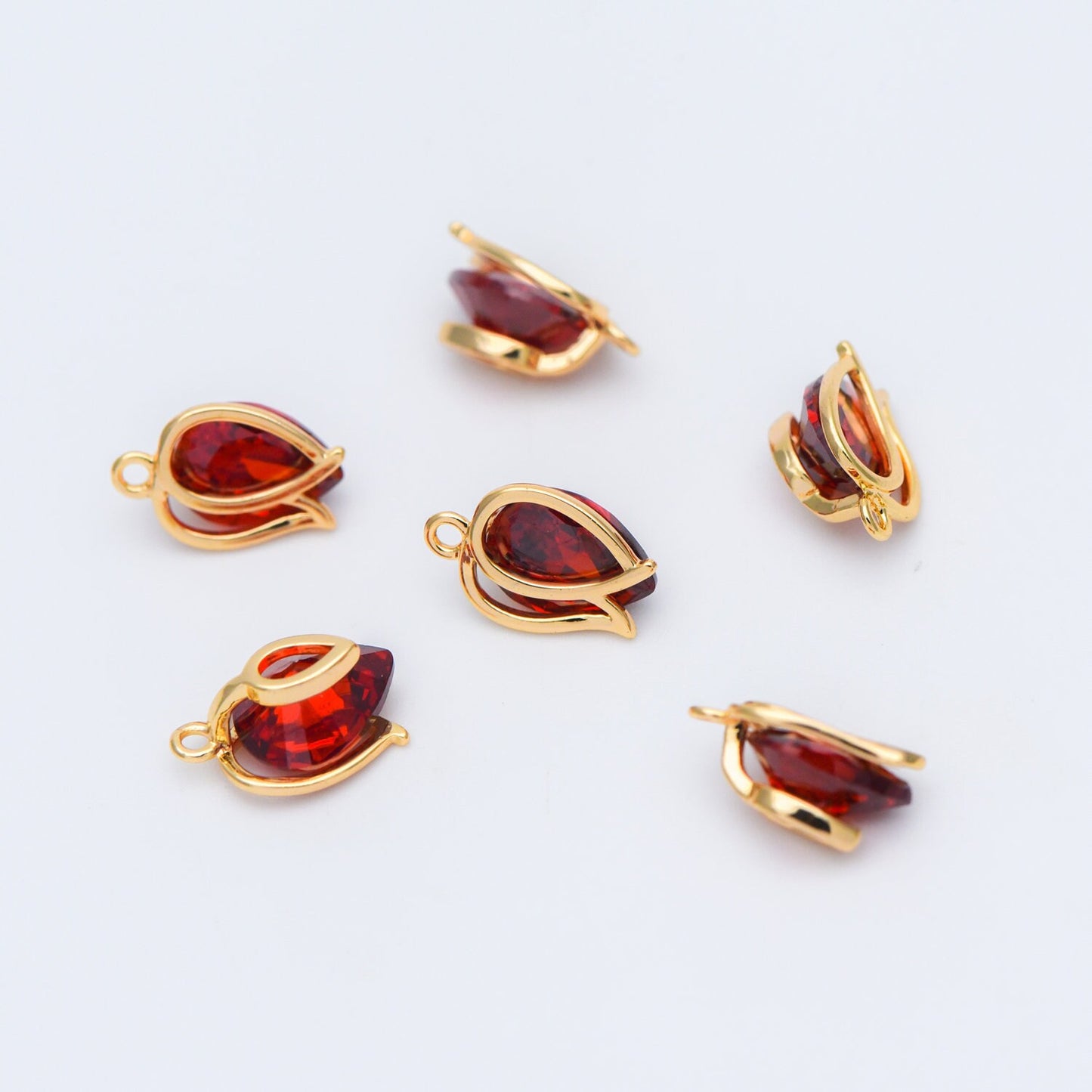4pcs CZ Paved Gold Flower Charms 12x8mm, Real Gold plated Brass, Red Cubic Zirconia Pendants (GB-3579-A)