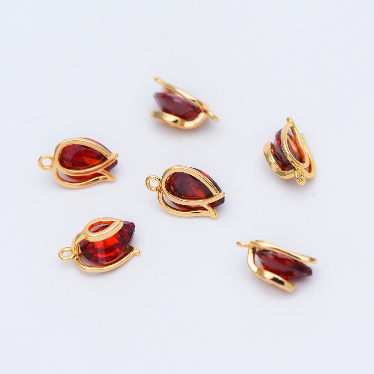 4pcs CZ Paved Gold Flower Charms 12x8mm, Real Gold plated Brass, Red Cubic Zirconia Pendants (GB-3579-A)