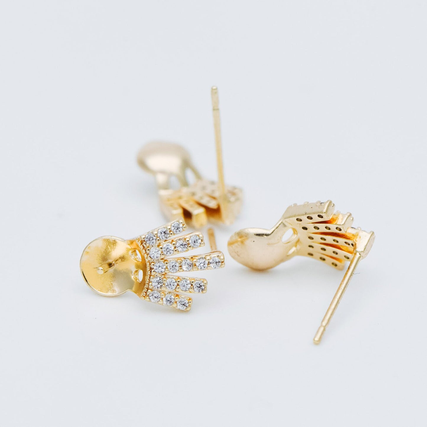 4pcs CZ Pave Gold Ear Posts, Crown Stud Earring, Pearl Peg Mounts, Half Drilled Pearl Settings (#GB-589)