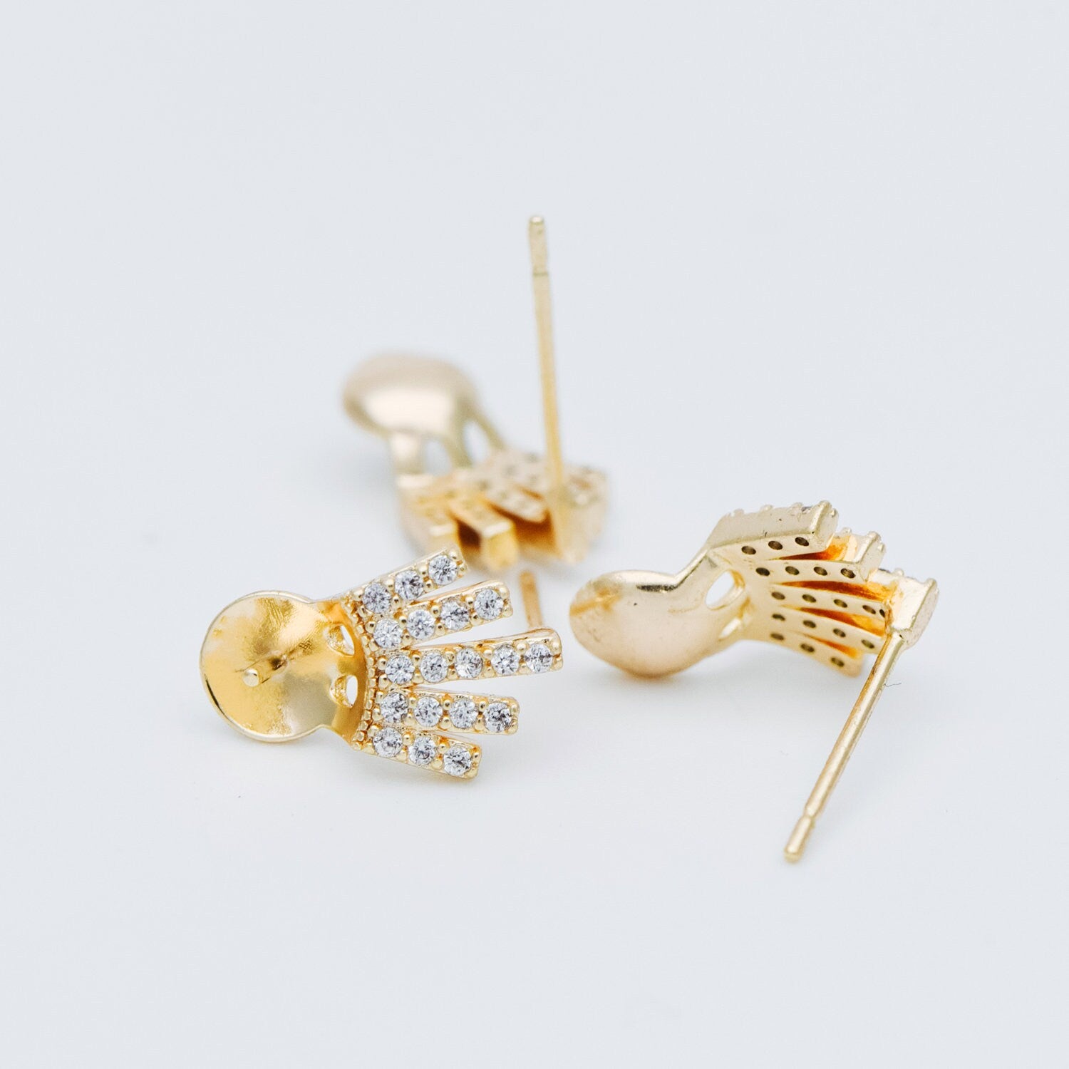 4pcs CZ Pave Gold Ear Posts, Crown Stud Earring, Pearl Peg Mounts, Half Drilled Pearl Settings (#GB-589)