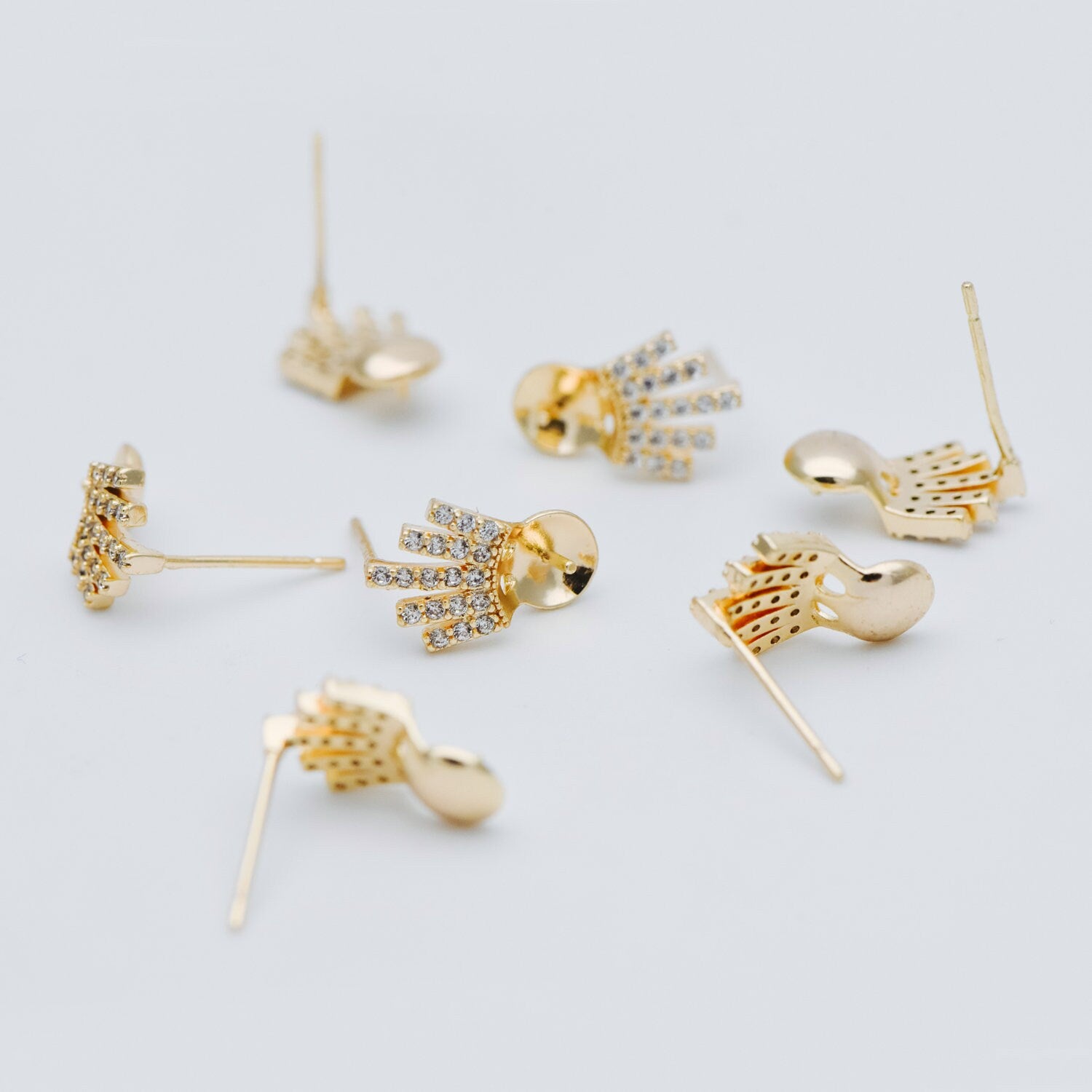 4pcs CZ Pave Gold Ear Posts, Crown Stud Earring, Pearl Peg Mounts, Half Drilled Pearl Settings (#GB-589)