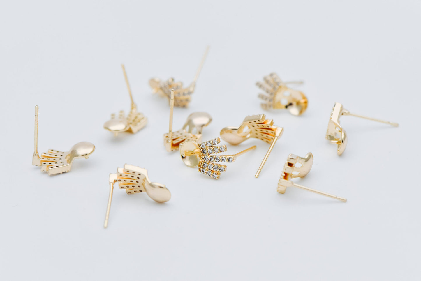4pcs CZ Pave Gold Ear Posts, Crown Stud Earring, Pearl Peg Mounts, Half Drilled Pearl Settings (#GB-589)
