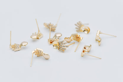 4pcs CZ Pave Gold Ear Posts, Crown Stud Earring, Pearl Peg Mounts, Half Drilled Pearl Settings (#GB-589)