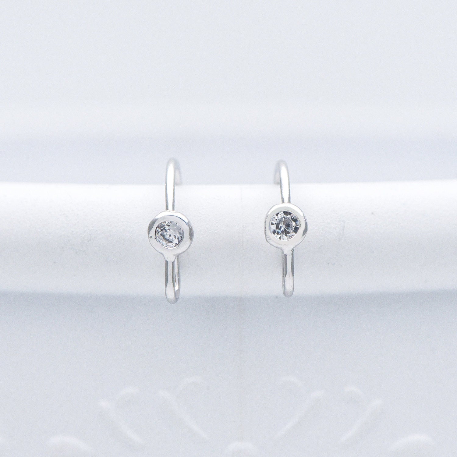 10pcs CZ Pave Gold/ Silver tone Earring Hooks, Real Gold/ Rhodium plated Brass, Simple Earwires with CZ End 15mm (GB-599)