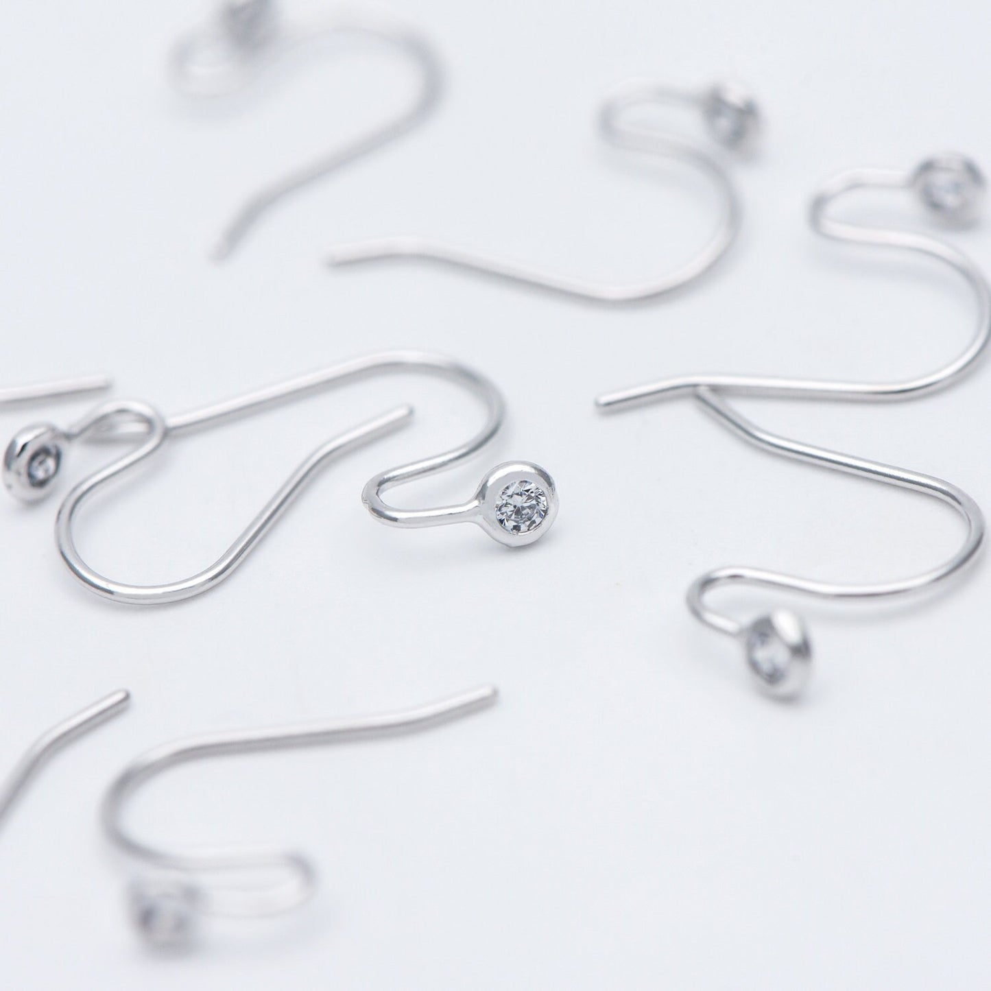 10pcs CZ Pave Gold/ Silver tone Earring Hooks, Real Gold/ Rhodium plated Brass, Simple Earwires with CZ End 15mm (GB-599)