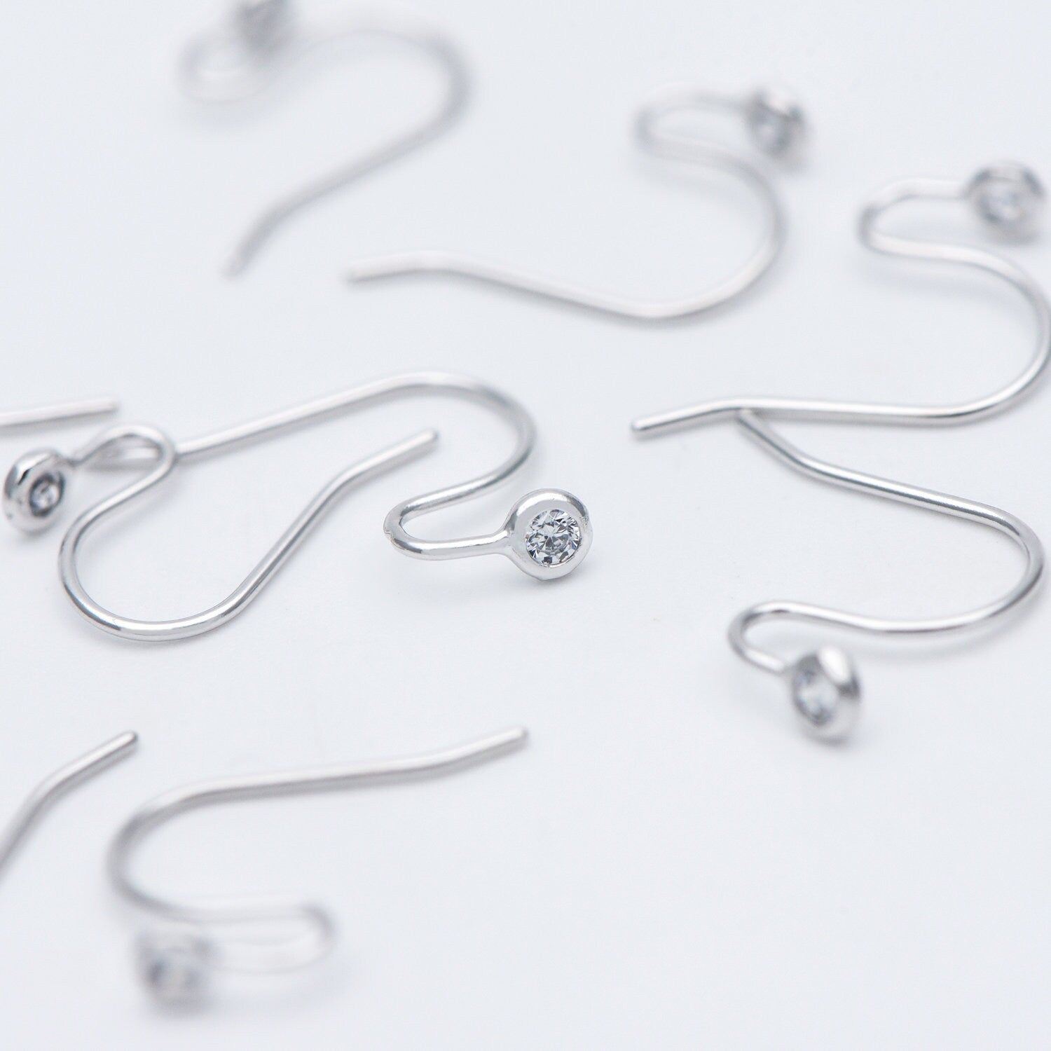 10pcs CZ Pave Gold/ Silver tone Earring Hooks, Real Gold/ Rhodium plated Brass, Simple Earwires with CZ End 15mm (GB-599)