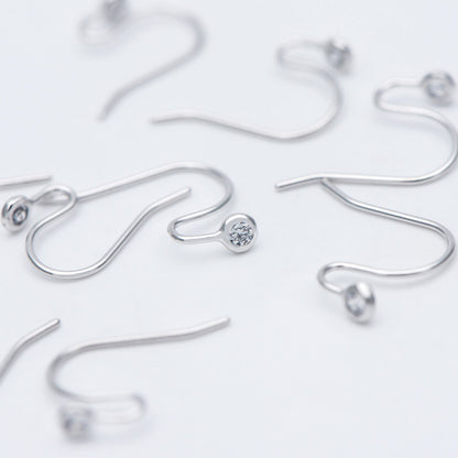 10pcs CZ Pave Gold/ Silver tone Earring Hooks, Real Gold/ Rhodium plated Brass, Simple Earwires with CZ End 15mm (GB-599)