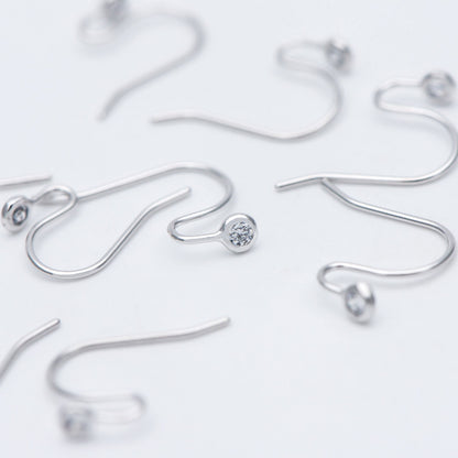 10pcs CZ Pave Gold/ Silver tone Earring Hooks, Real Gold/ Rhodium plated Brass, Simple Earwires with CZ End 15mm (GB-599)