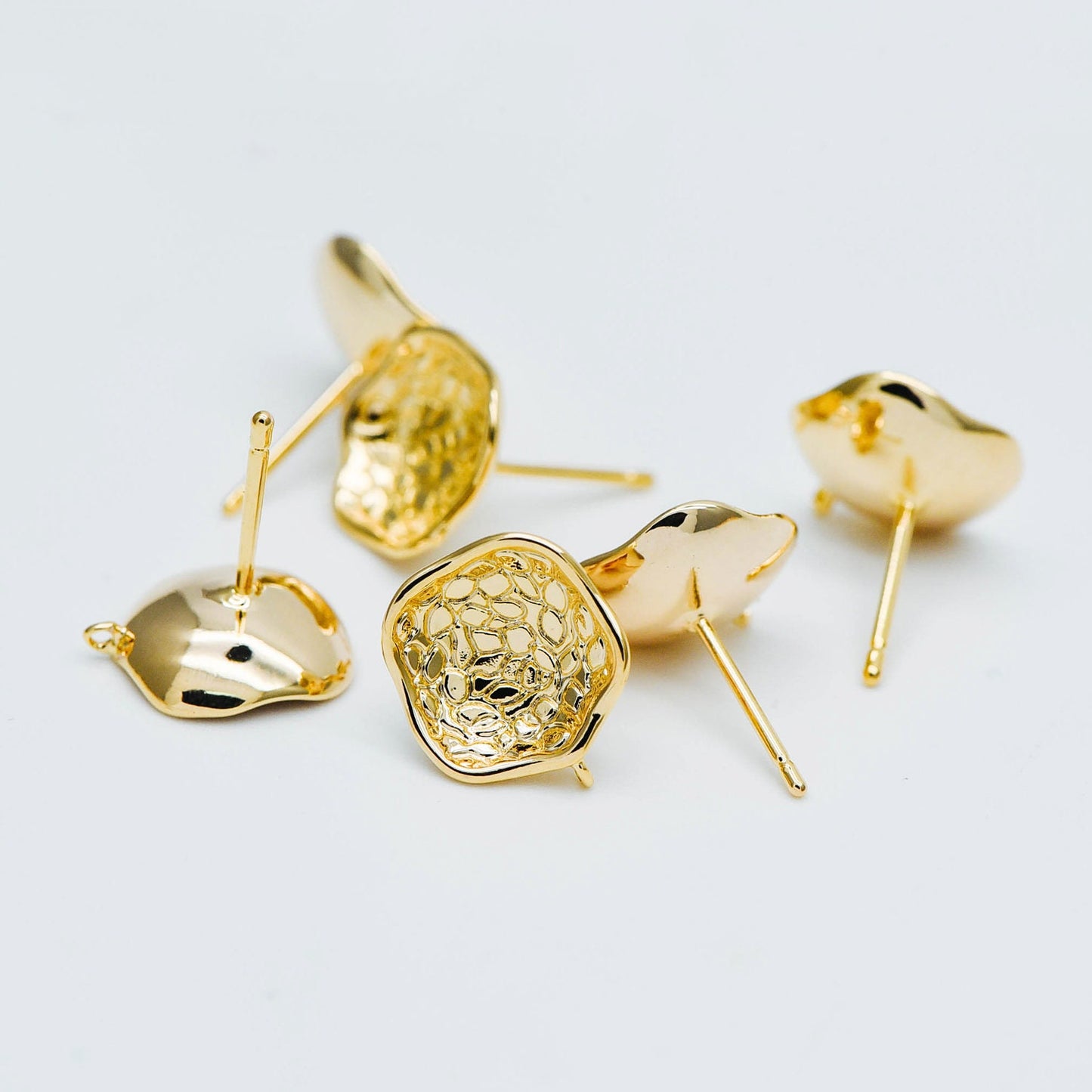 10pcs Gold plated Brass Ear Posts 13mm, Flower Stud Earring with Loop, Floral Earring Components (GB-515)