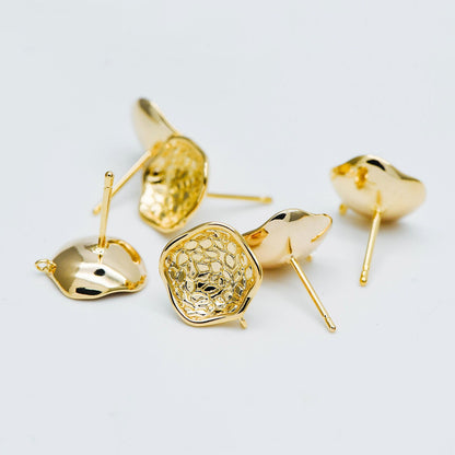 10pcs Gold plated Brass Ear Posts 13mm, Flower Stud Earring with Loop, Floral Earring Components (GB-515)