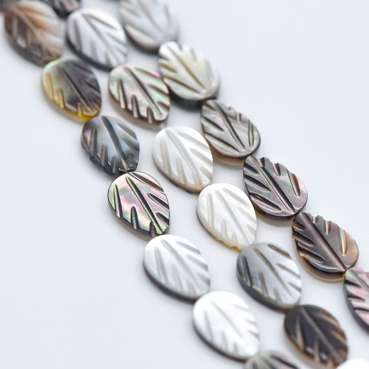 Black MOP Shell Leaf beads, Natural Mother of Pearl Carved Leaf, 9mm / 12mm -(BK-012)/ Full strand