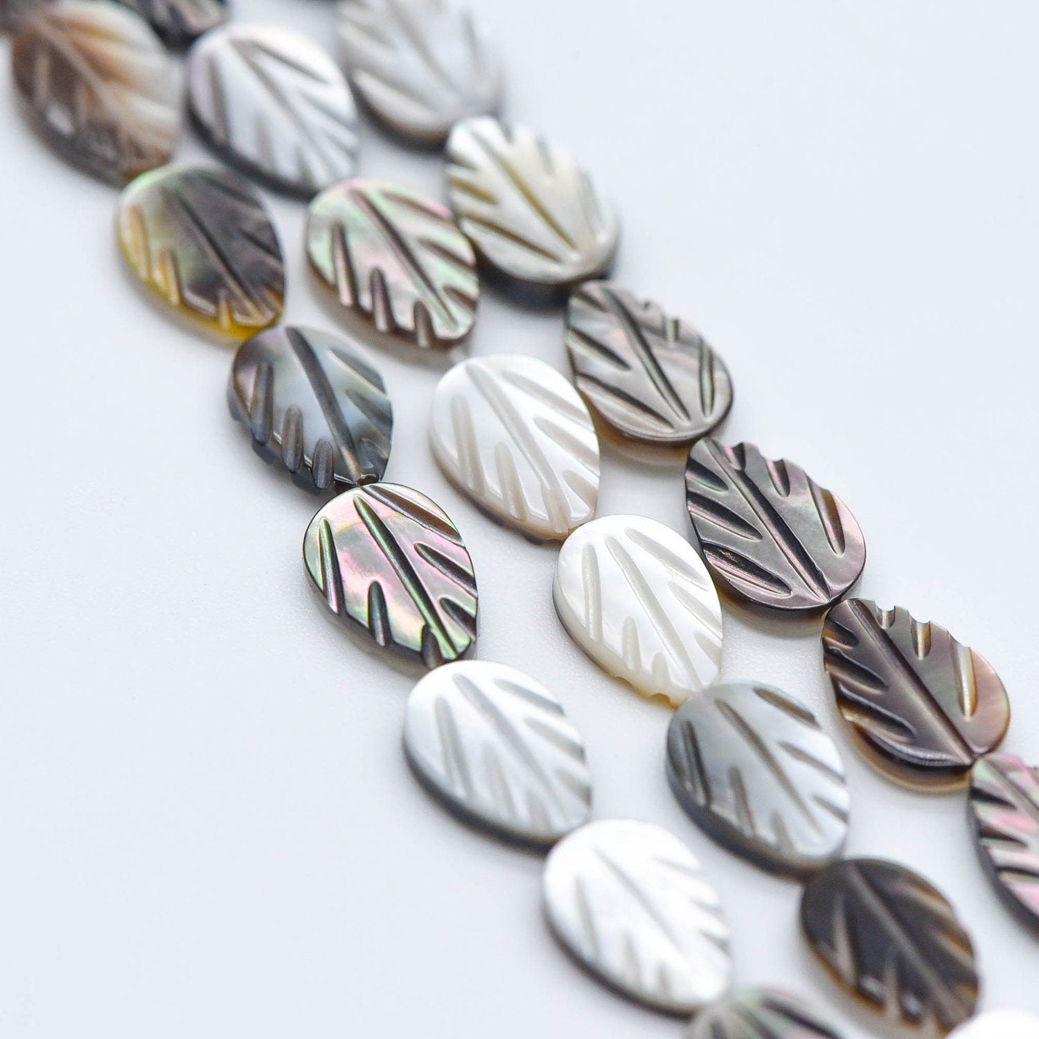Black MOP Shell Leaf beads, Natural Mother of Pearl Carved Leaf, 9mm / 12mm -(BK-012)/ Full strand