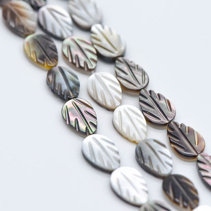 Black MOP Shell Leaf beads, Natural Mother of Pearl Carved Leaf, 9mm / 12mm -(BK-012)/ Full strand