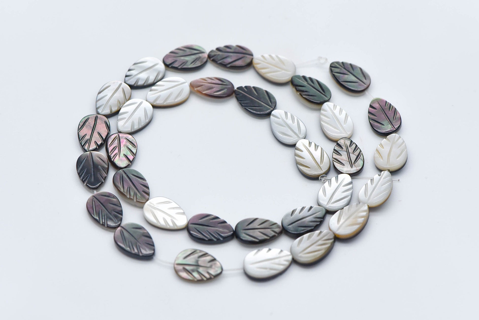 Black MOP Shell Leaf beads, Natural Mother of Pearl Carved Leaf, 9mm / 12mm -(V1005)/ Full strand