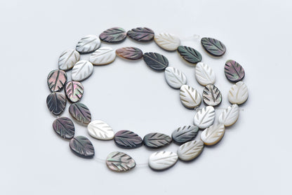 Black MOP Shell Leaf beads, Natural Mother of Pearl Carved Leaf, 9mm / 12mm -(V1005)/ Full strand