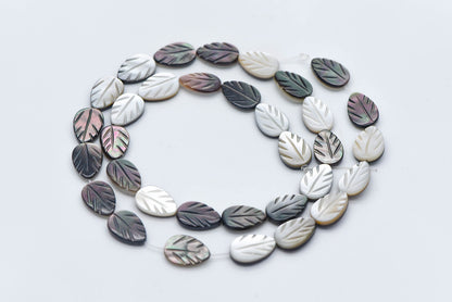 Black MOP Shell Leaf beads, Natural Mother of Pearl Carved Leaf, 9mm / 12mm -(BK-012)/ Full strand