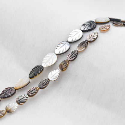 Black MOP Shell Leaf beads, Natural Mother of Pearl Carved Leaf, 9mm / 12mm -(V1005)/ Full strand