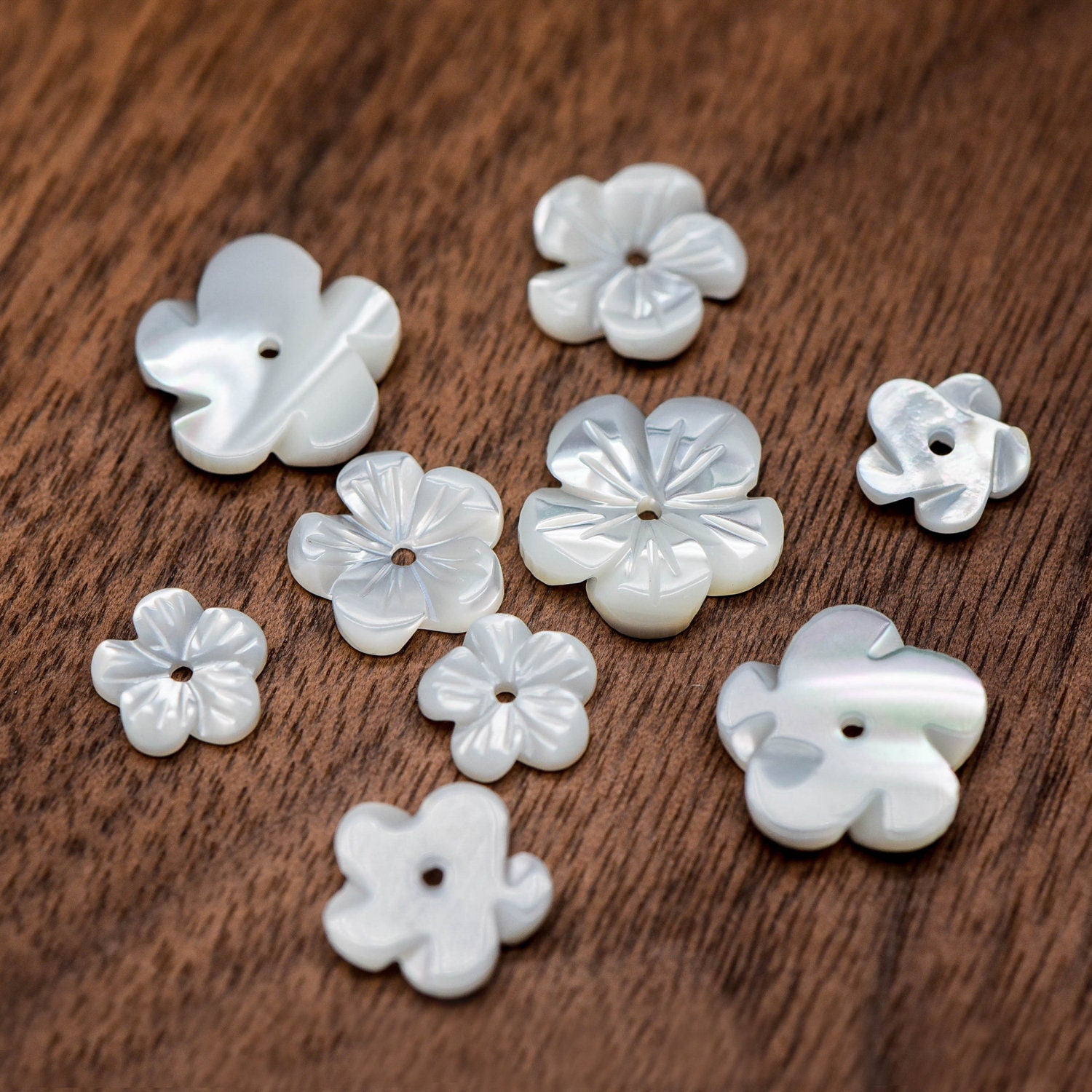 10pcs White Mother of Pearl Flowers, Carved Shell Flower Beads 8/ 10 /12mm, Flat back- (BK-017)