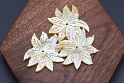 10pcs Yellow Mother of Pearl Shell Lotus Carved Flowers 36mm -(V1216-2)