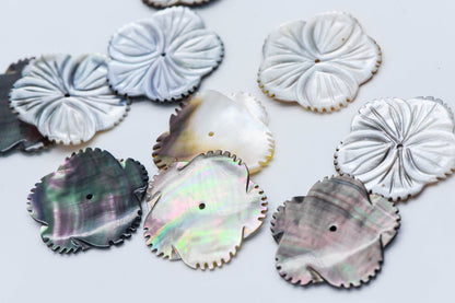 Black Mother of Pearl Shell Carved Flower 30mm Large, Center Drilled Hole -(V1209)/ 10pcs