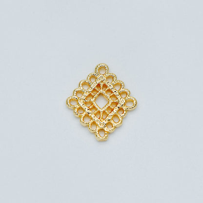10pcs Gold Plated Brass Diamond Charms: Filigree Rhombus Connectors (GB-082)