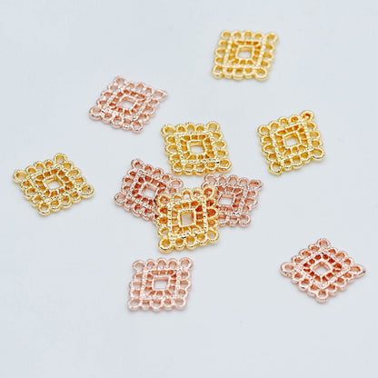 10pcs Gold Plated Brass Diamond Charms: Filigree Rhombus Connectors (GB-082)