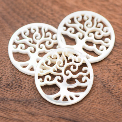 4pcs White Mother of Pearl 'Life Tree' Pendants, 25mm Round Shell Tree Charms, Hollow Cut Out Carvings -(BK-028)