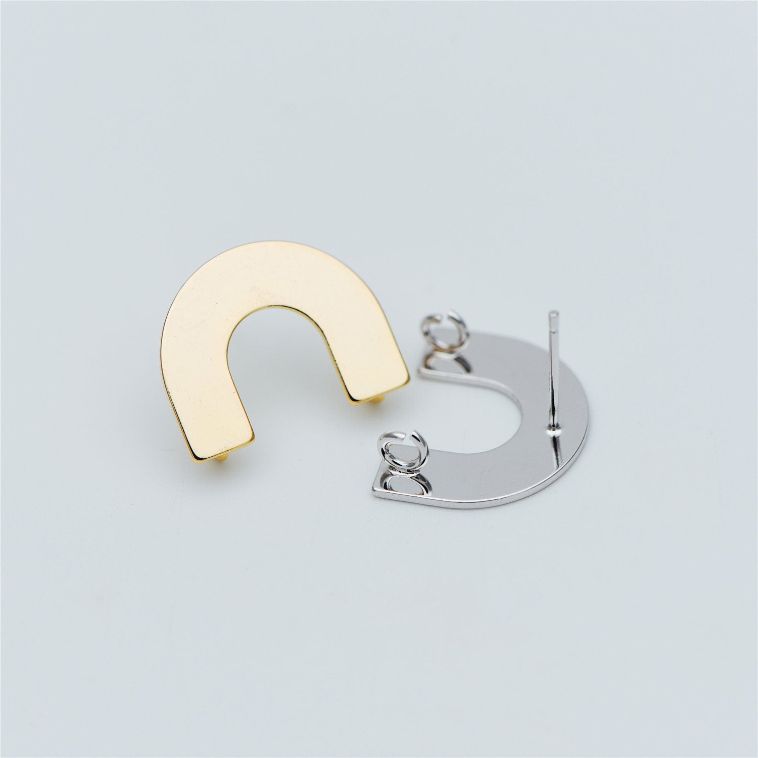 10pcs Gold/ Silver tone Horseshoe Stud Earrings, Real Rhodium plated Brass, U-shaped Ear Posts with Ring/Loop (GB-595)