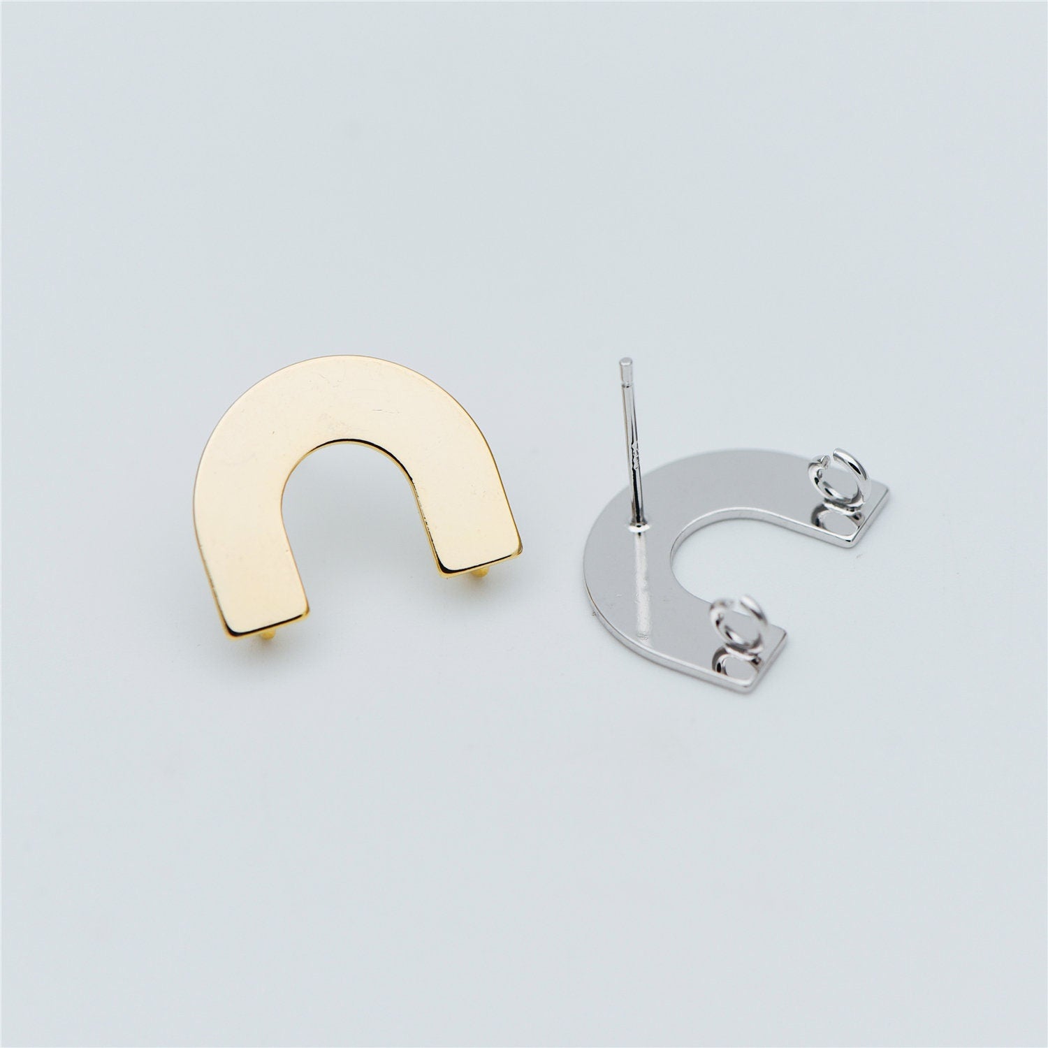 10pcs Gold/ Silver tone Horseshoe Stud Earrings, Real Rhodium plated Brass, U-shaped Ear Posts with Ring/Loop (GB-624-C)